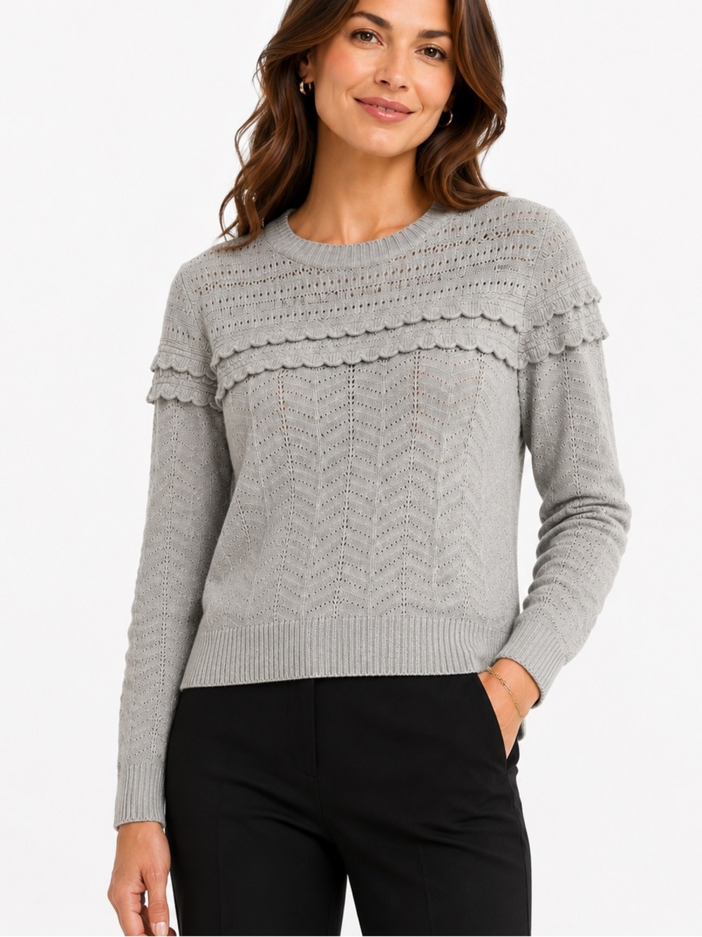J.Crew Pointelle Ruffle Knit Crewneck Sweater Gray Size Medium